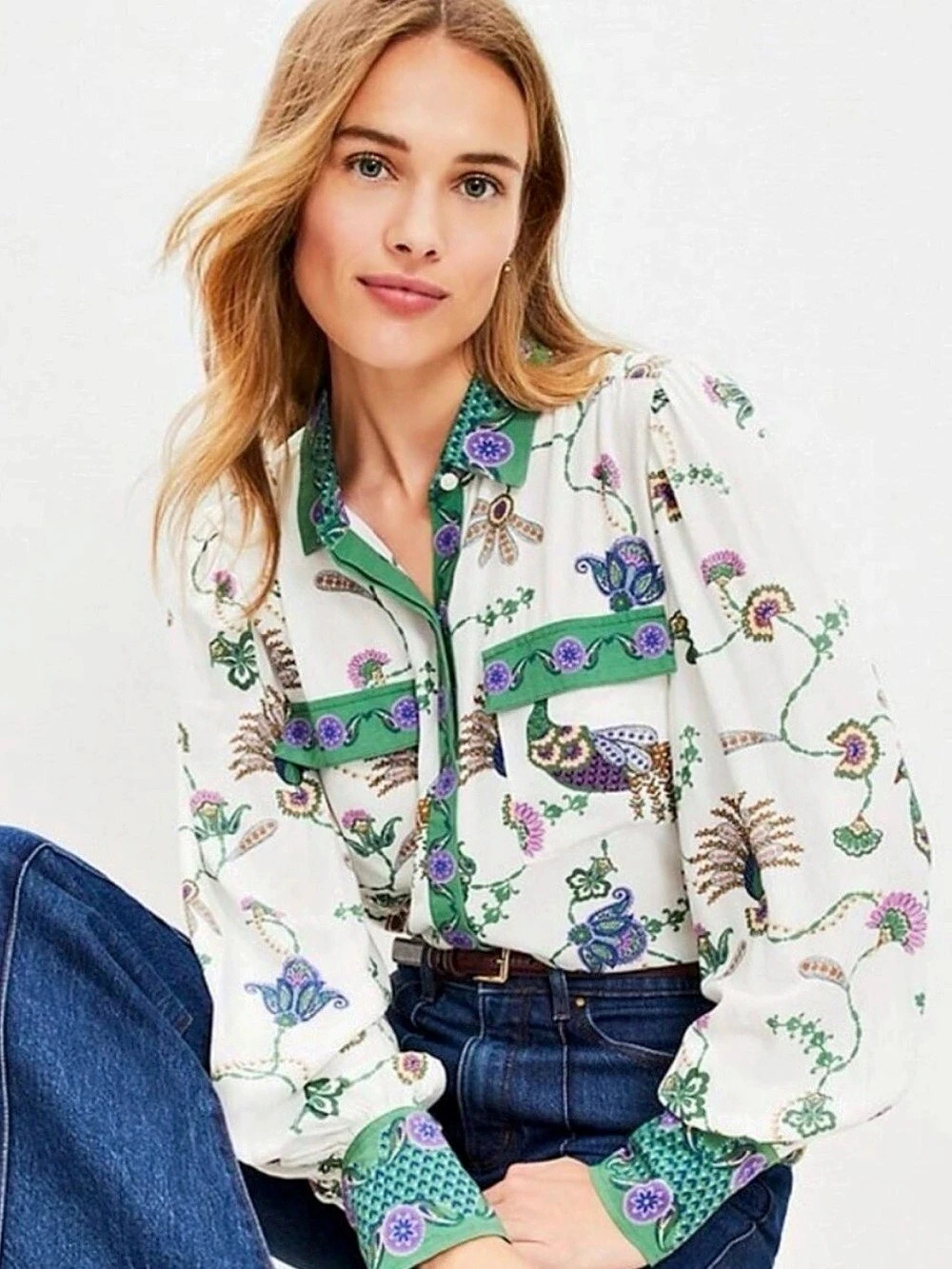 LOFT white peacock floral blouse , size M
